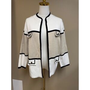 N Touch Chic Knit Cardigan Jacket Beige White Black Trim Pockets